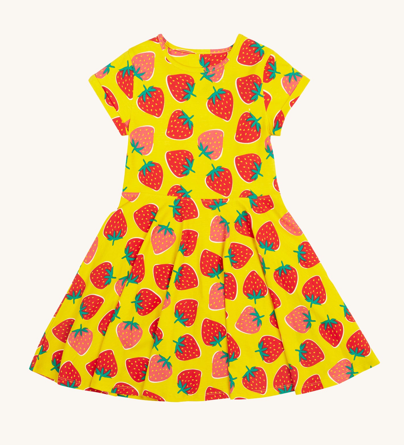 Frugi yellow spring skater dress strawberry patch design