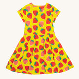 Frugi yellow spring skater dress strawberry patch design