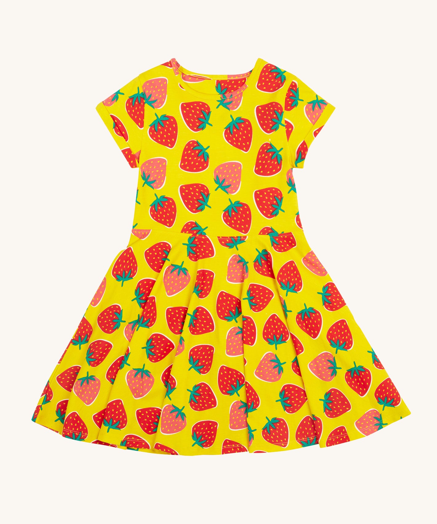 Frugi yellow spring skater dress strawberry patch design