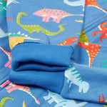 Frugi blue snuggle suit dino roar arm cuff detail