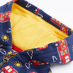 Frugi navy snuggle suit fire engine hood detail