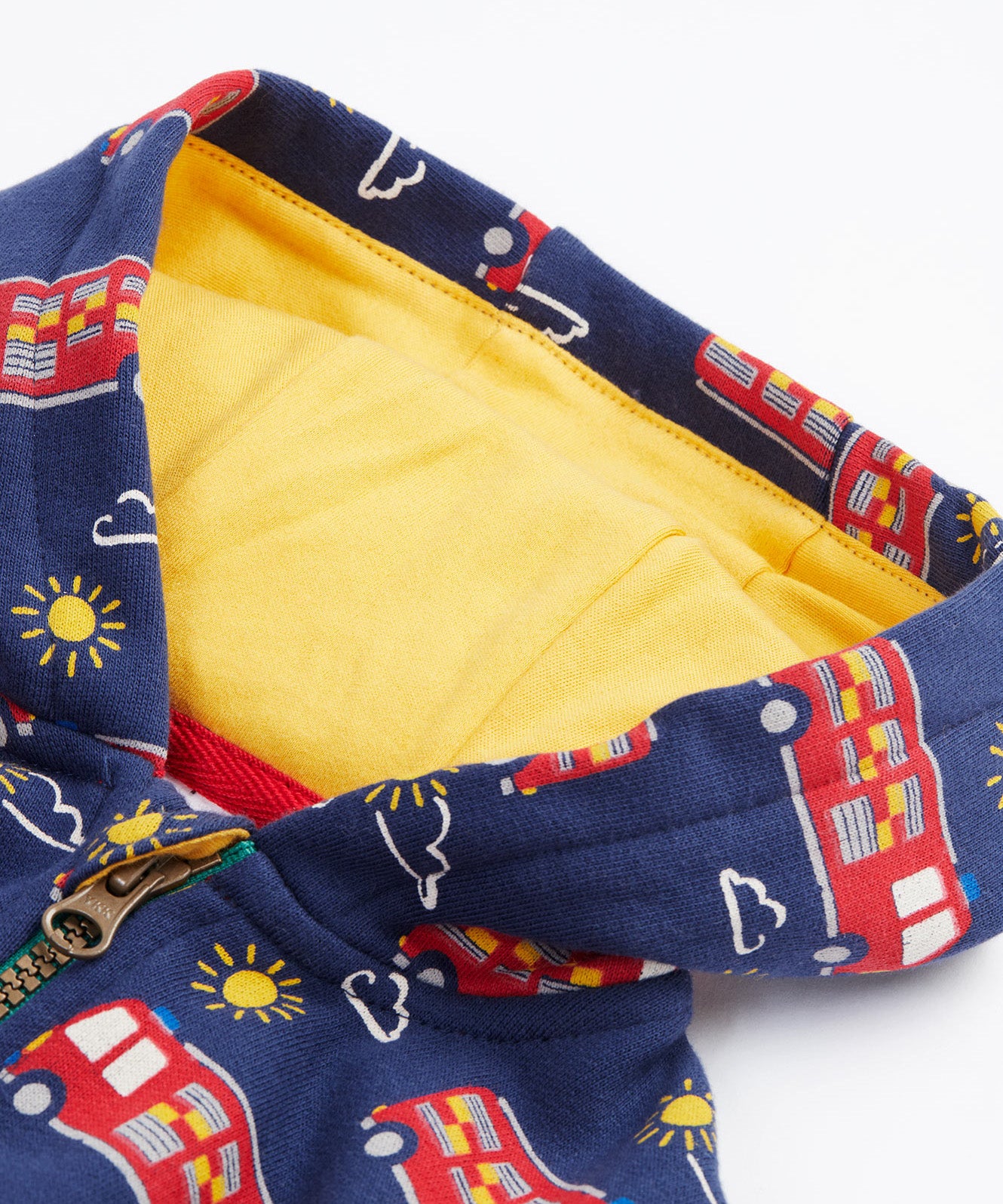 Frugi navy snuggle suit fire engine hood detail