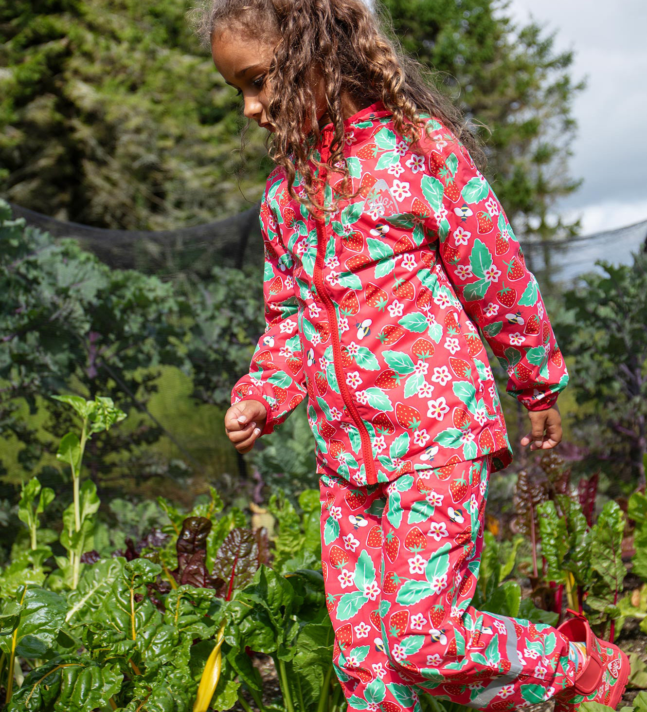 Frugi pink rain shine trousers strawberries design 