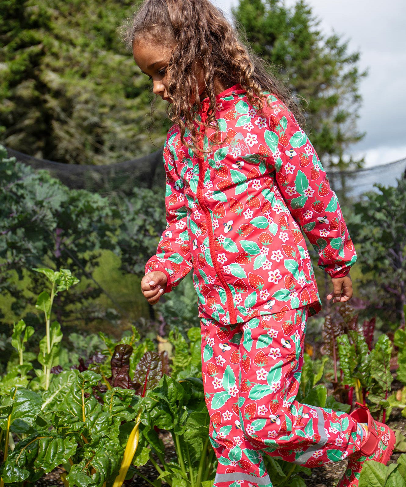 Frugi pink rain shine trousers strawberries design 