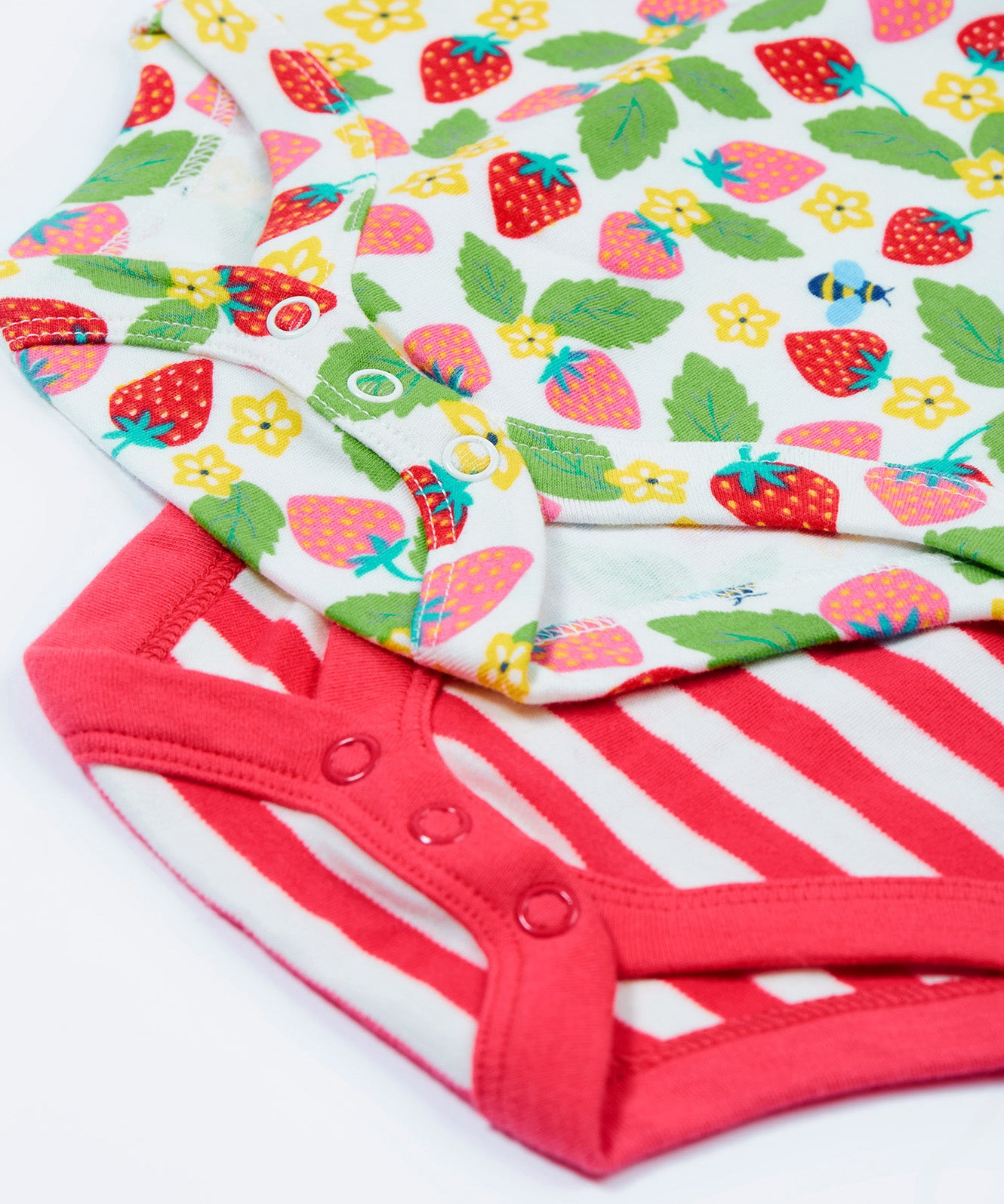 Frugi pink stripe body 2 pack strawberry field design leg popper detail