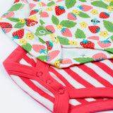 Frugi pink stripe body 2 pack strawberry field design leg popper detail