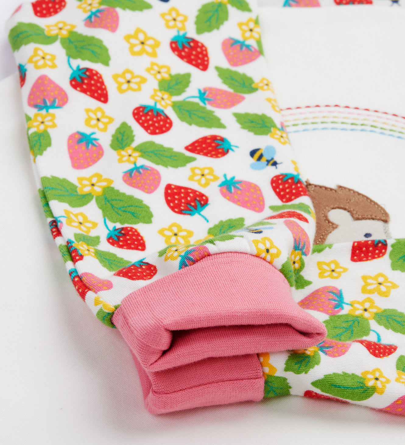 Frugi white pyjama set strawberry field top cuff detail