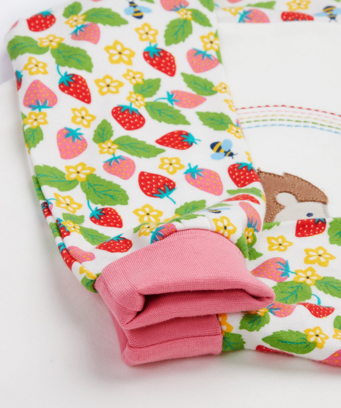 Frugi white pyjama set strawberry field top cuff detail