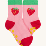 Frugi 2 pack grippy socks strawberry design on a cream background