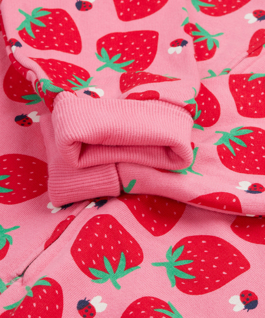 Frugi pink big snuggle suit strawberry pals arm cuff detail