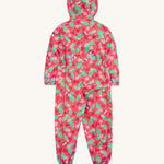 Frugi pink all in one suit strawberry pals back detail on a cream background.