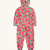 Frugi pink all in one suit strawberry pals back detail on a cream background.