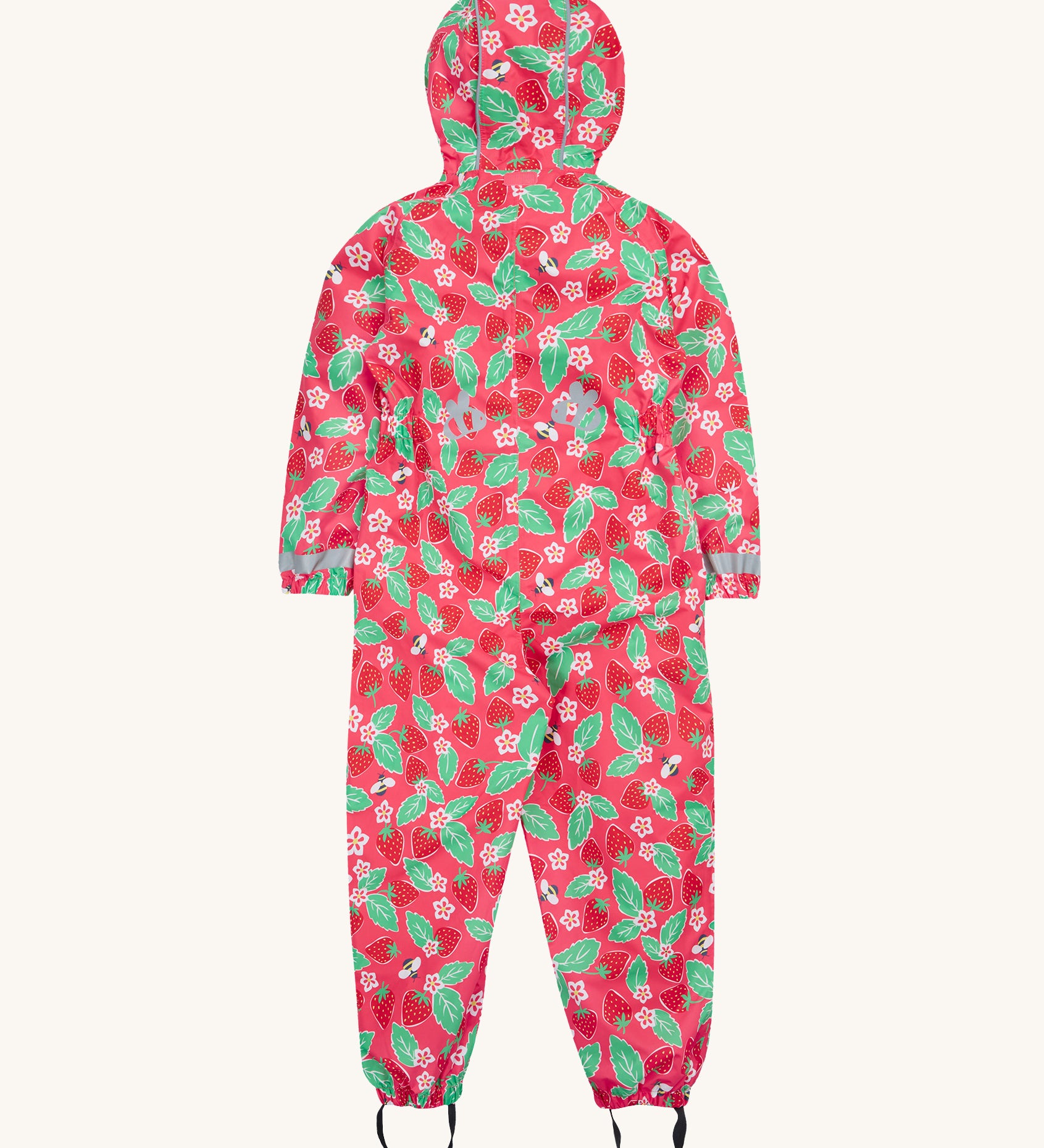 Frugi pink all in one suit strawberry pals back detail on a cream background.