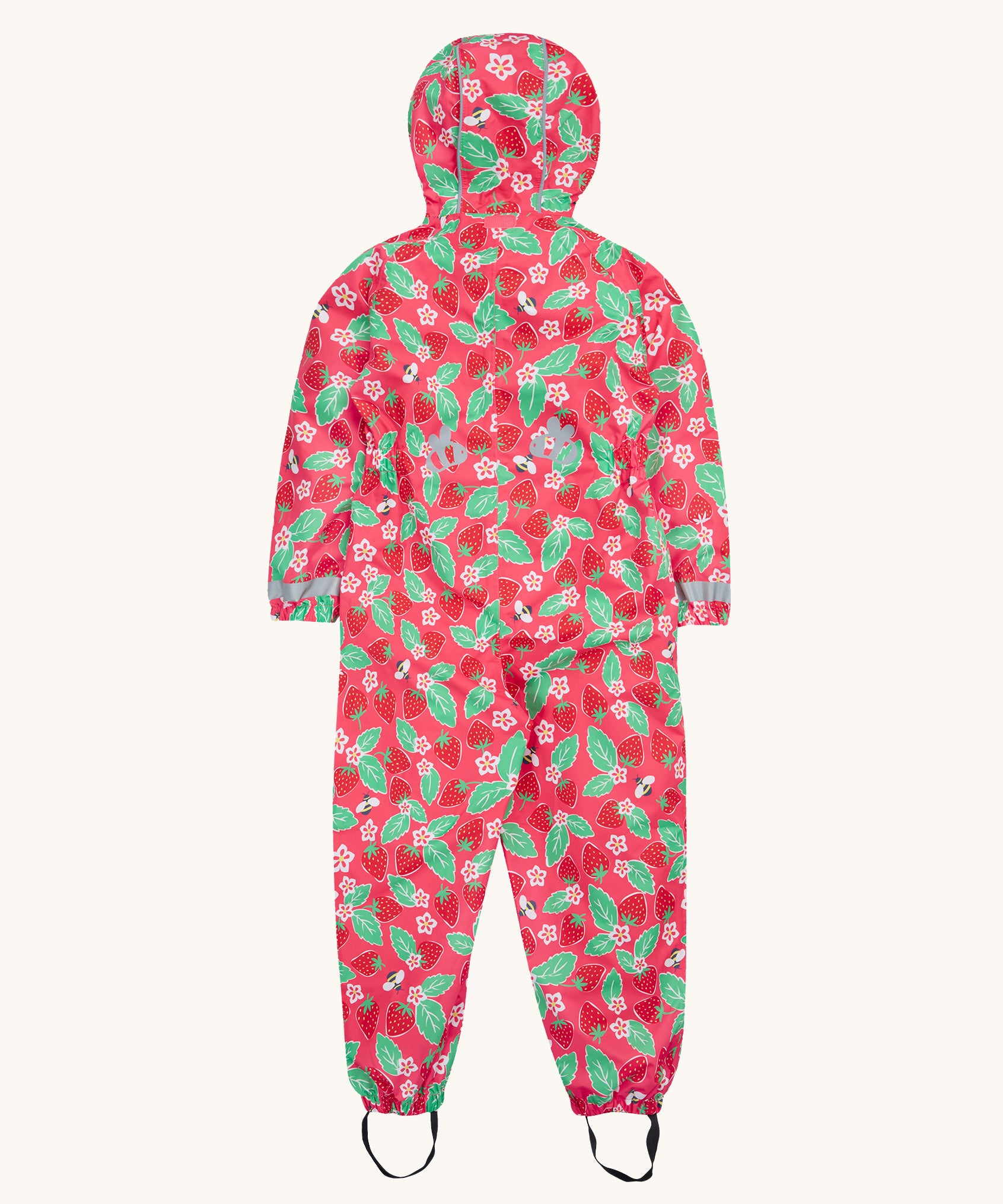 Frugi pink all in one suit strawberry pals back detail on a cream background.