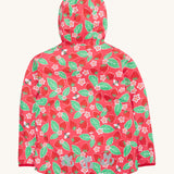 Frugi pink rain jacket strawberry pals back detail on a cream background.