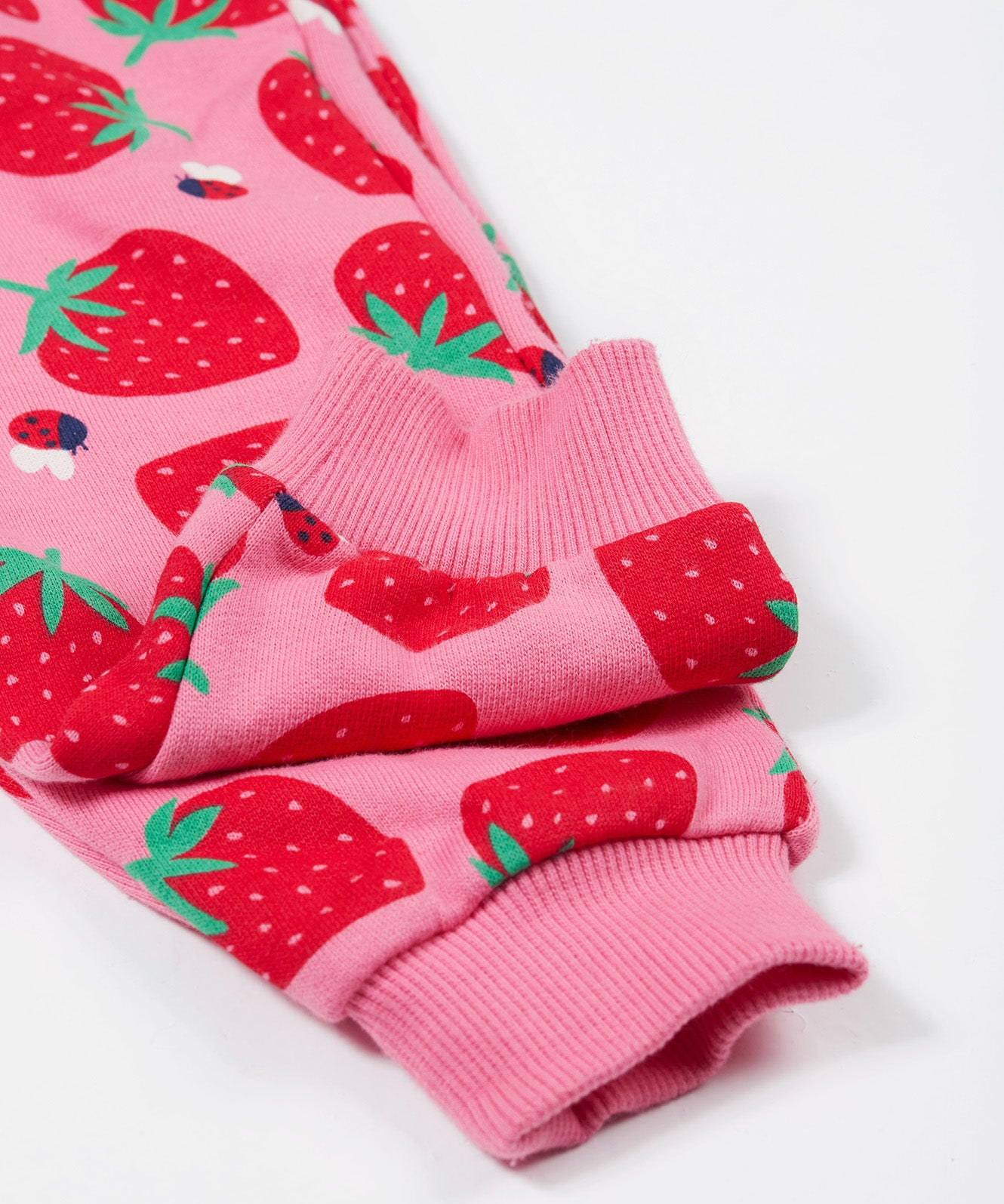 Frugi pink snuggle crawlers strawberry pals cuff detail