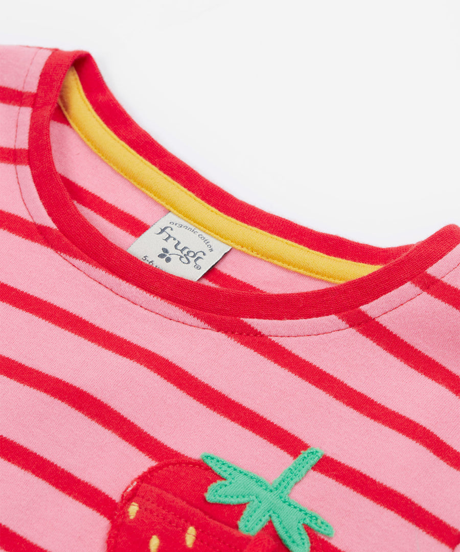 Frugi pink stripe short sleeve top strawberry neck detail