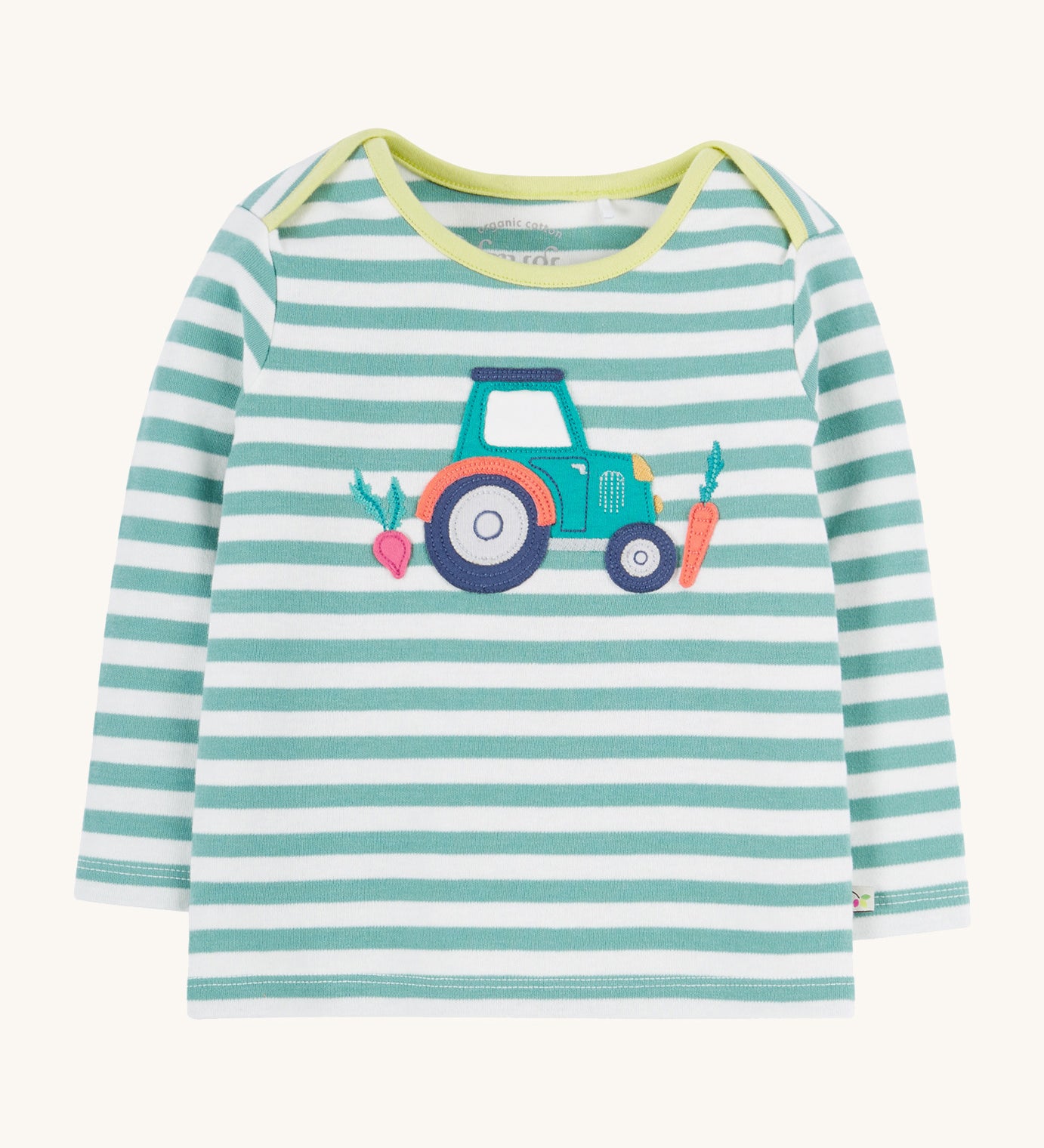 Frugi striped long sleeve top tractor design on a cream background.