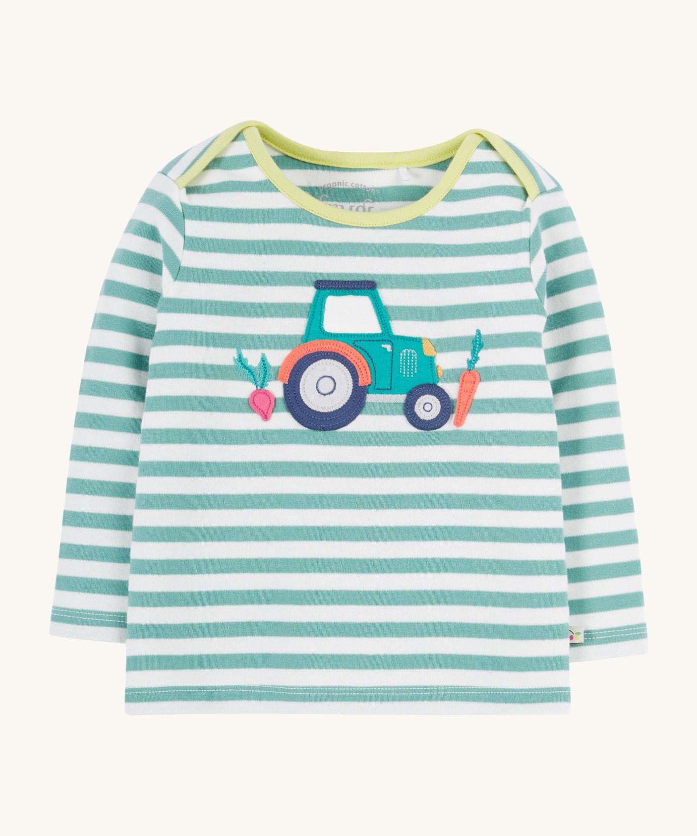 Frugi striped long sleeve top tractor design on a cream background.