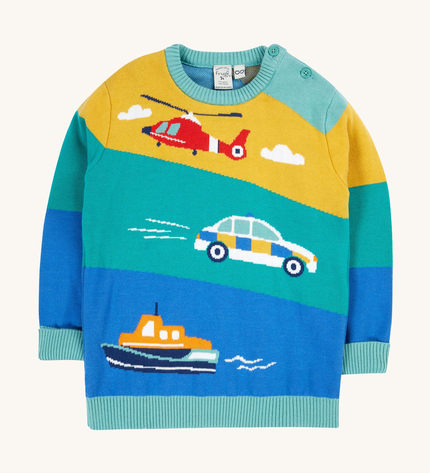 Frugi striped knitted jumper vehicles design on a cream background