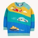 Frugi striped knitted jumper vehicles design on a cream background