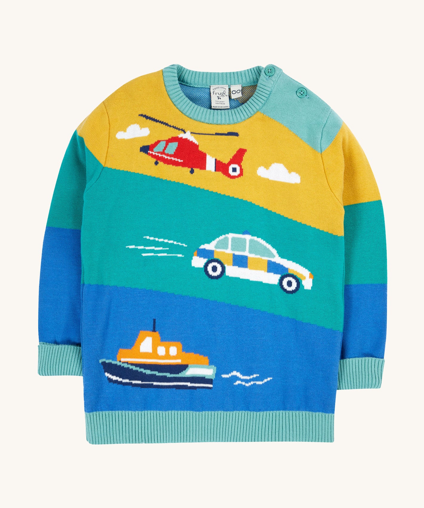 Frugi striped knitted jumper vehicles design on a cream background