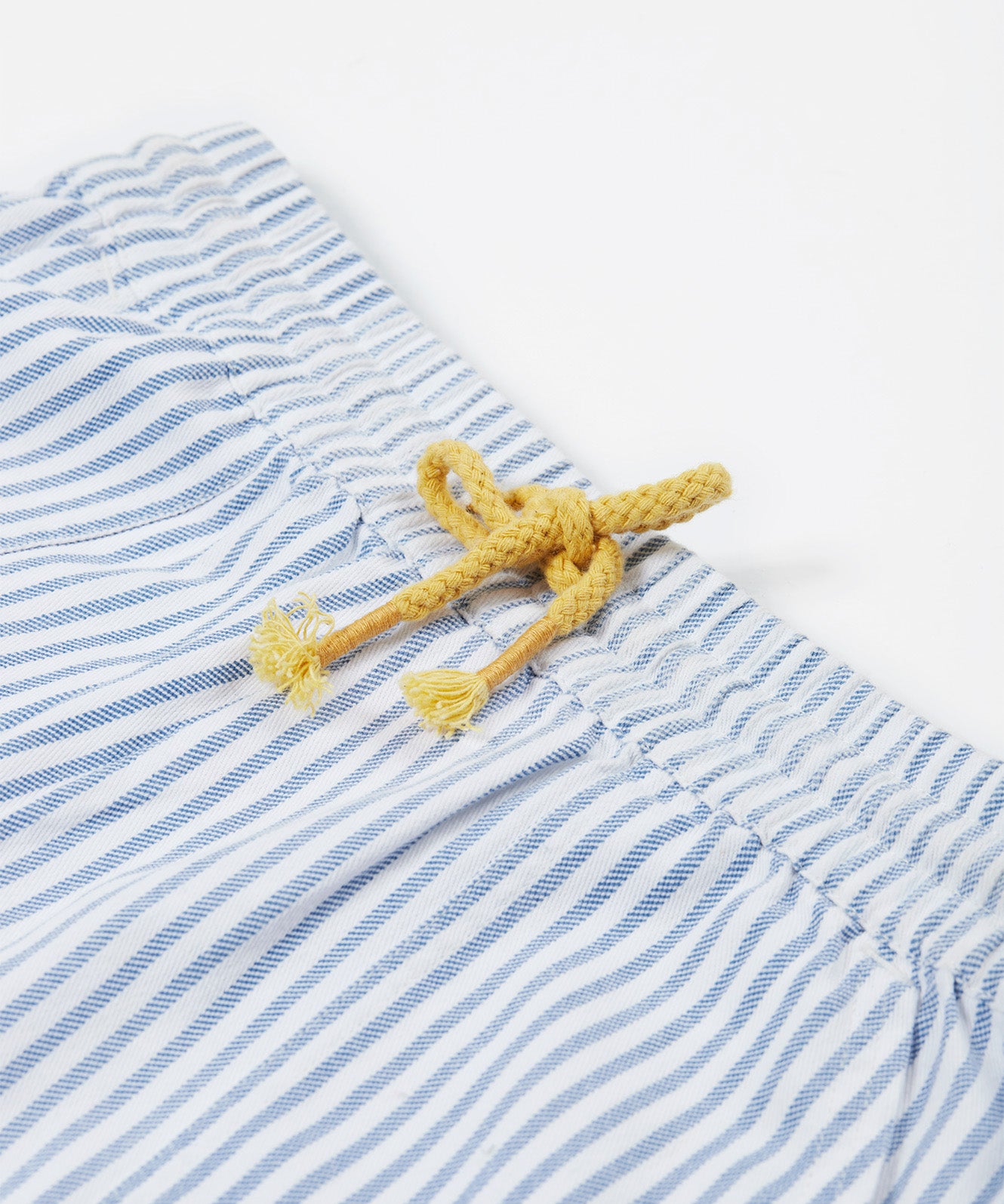 Frugi blue and white striped shorts waist detail