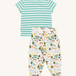 Frugi green stripe summer outfit farm life design back detail on a cream background.