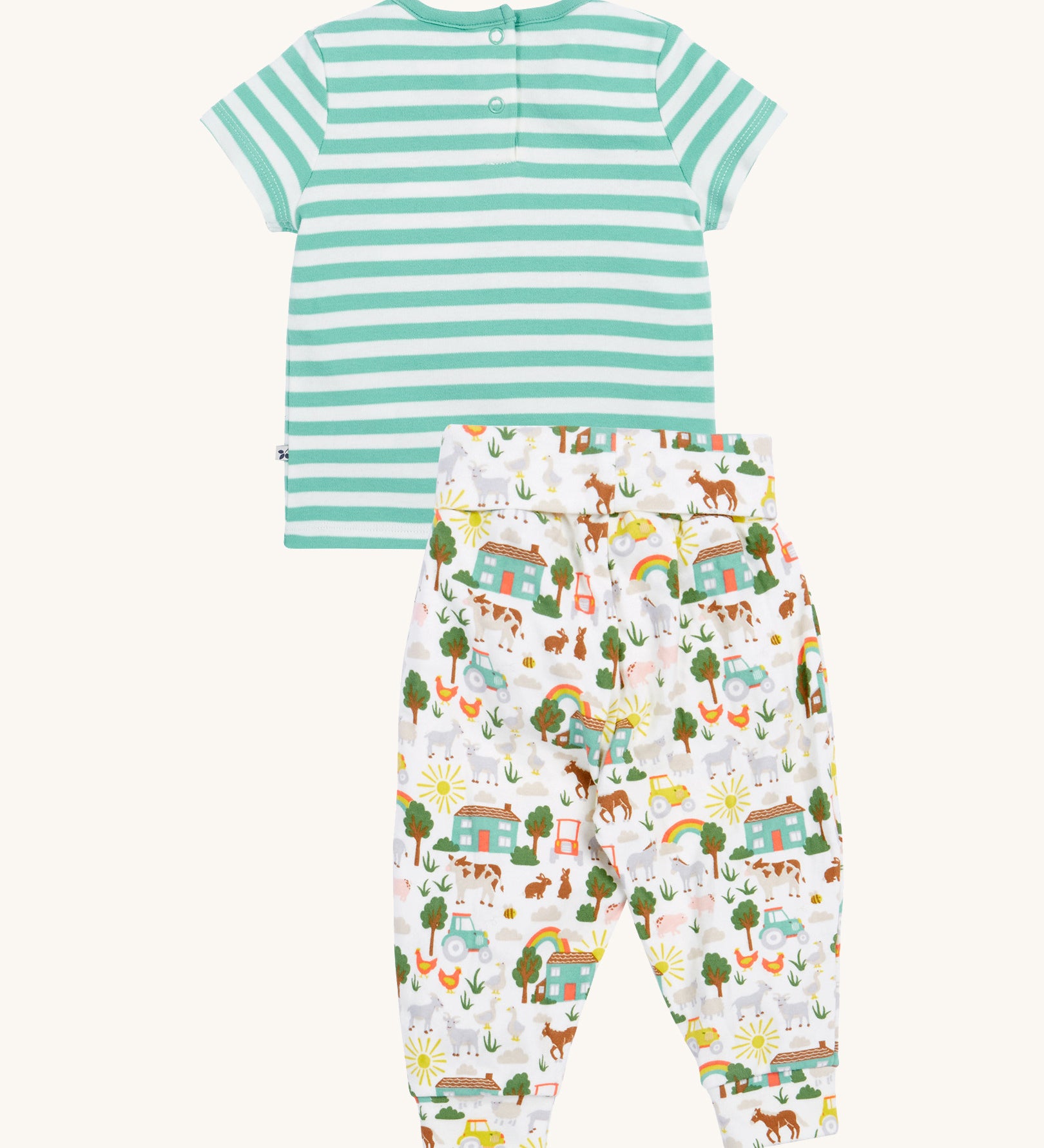 Frugi green stripe summer outfit farm life design back detail on a cream background.