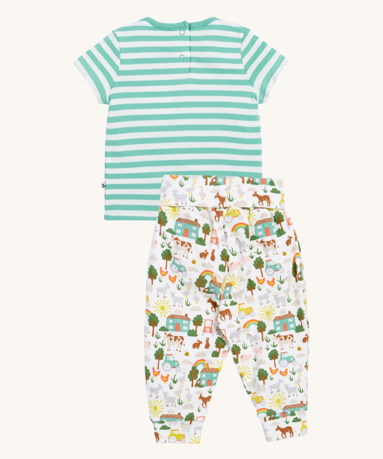 Frugi green stripe summer outfit farm life design back detail on a cream background.