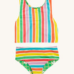 Frugi reversible tankini in a  summer stripe design on a cream background.