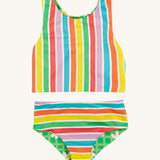 Frugi reversible tankini in a  summer stripe design on a cream background.