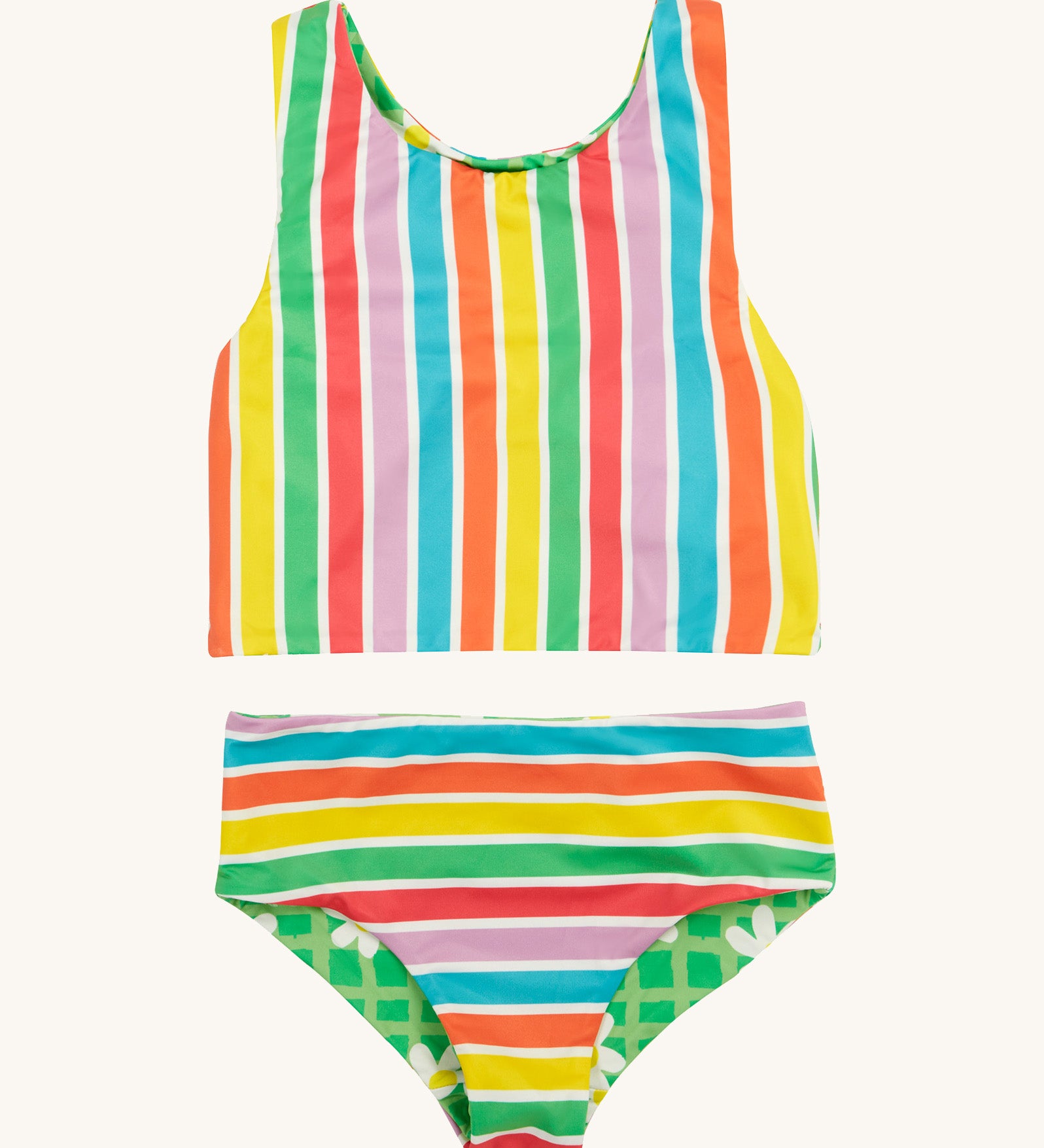 Frugi reversible tankini in a  summer stripe design on a cream background.