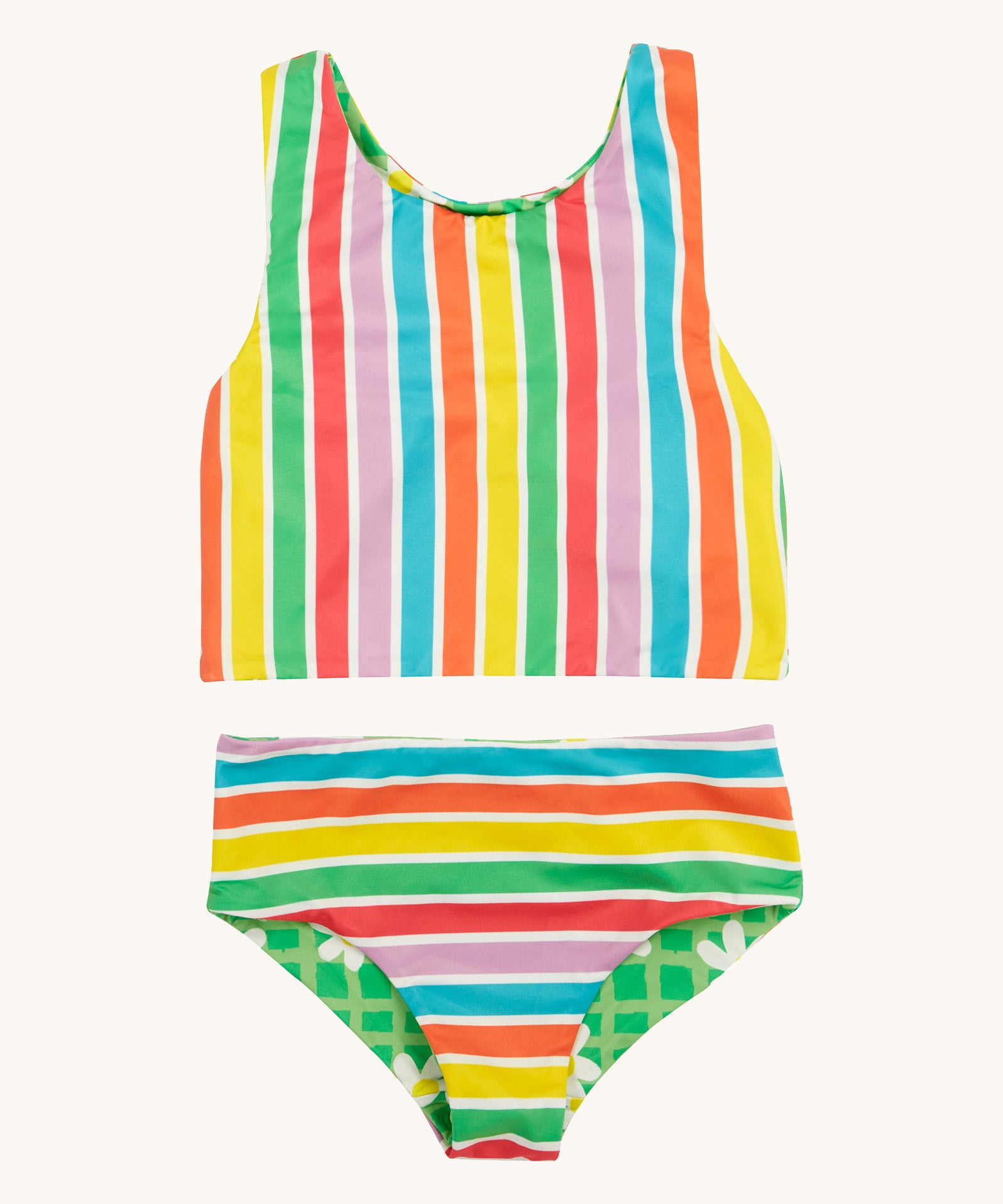 Frugi reversible tankini in a  summer stripe design on a cream background.