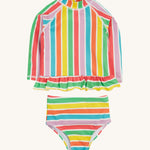 Frugi swim set in a pastel multicoloured stripe design on a cream background.