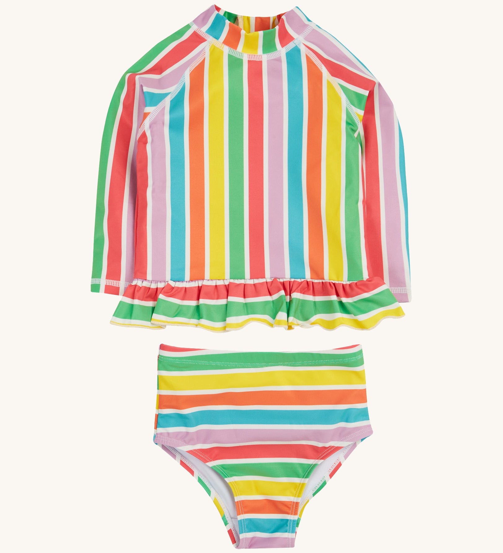 Frugi swim set in a pastel multicoloured stripe design on a cream background.