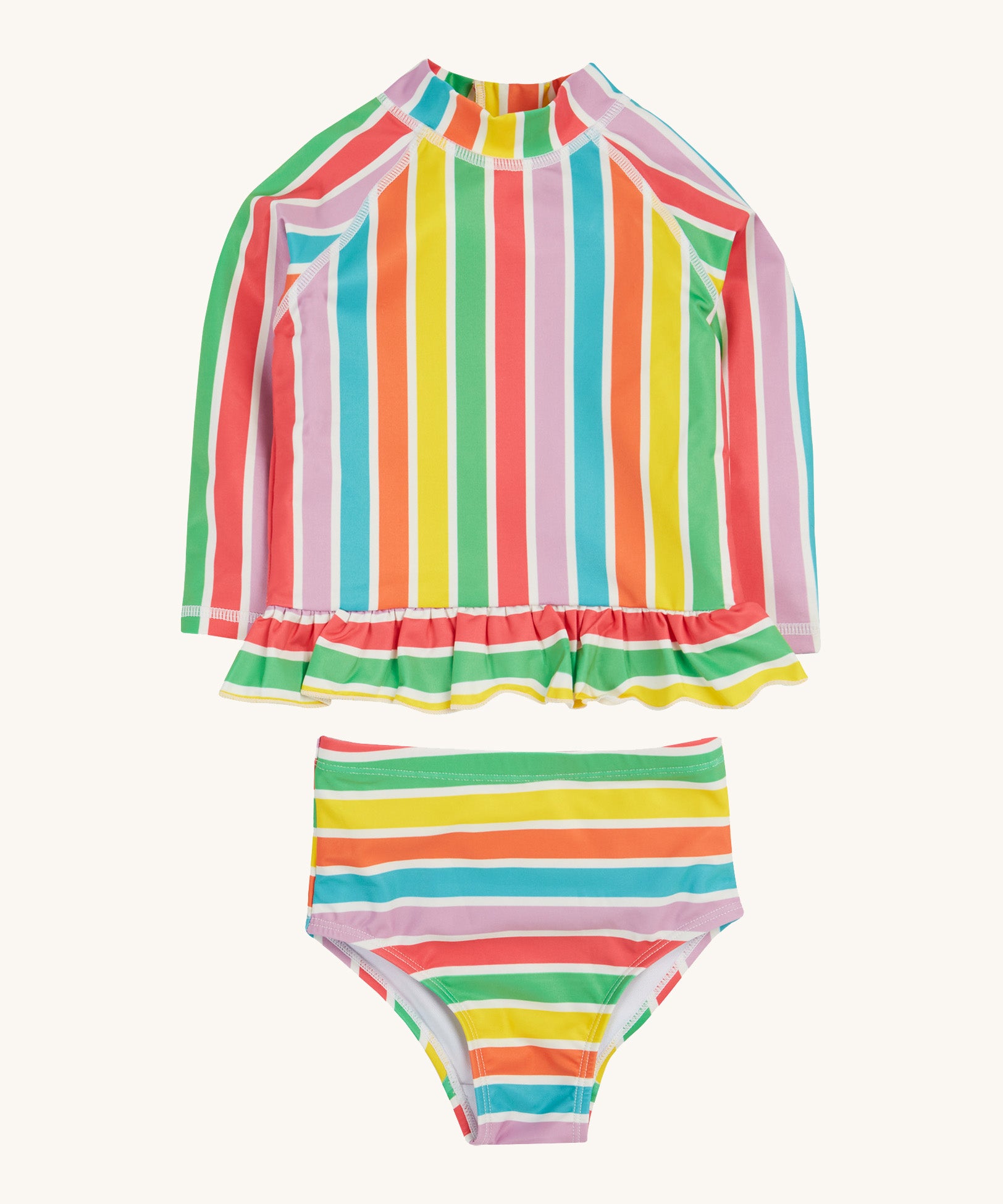 Frugi swim set in a pastel multicoloured stripe design on a cream background.