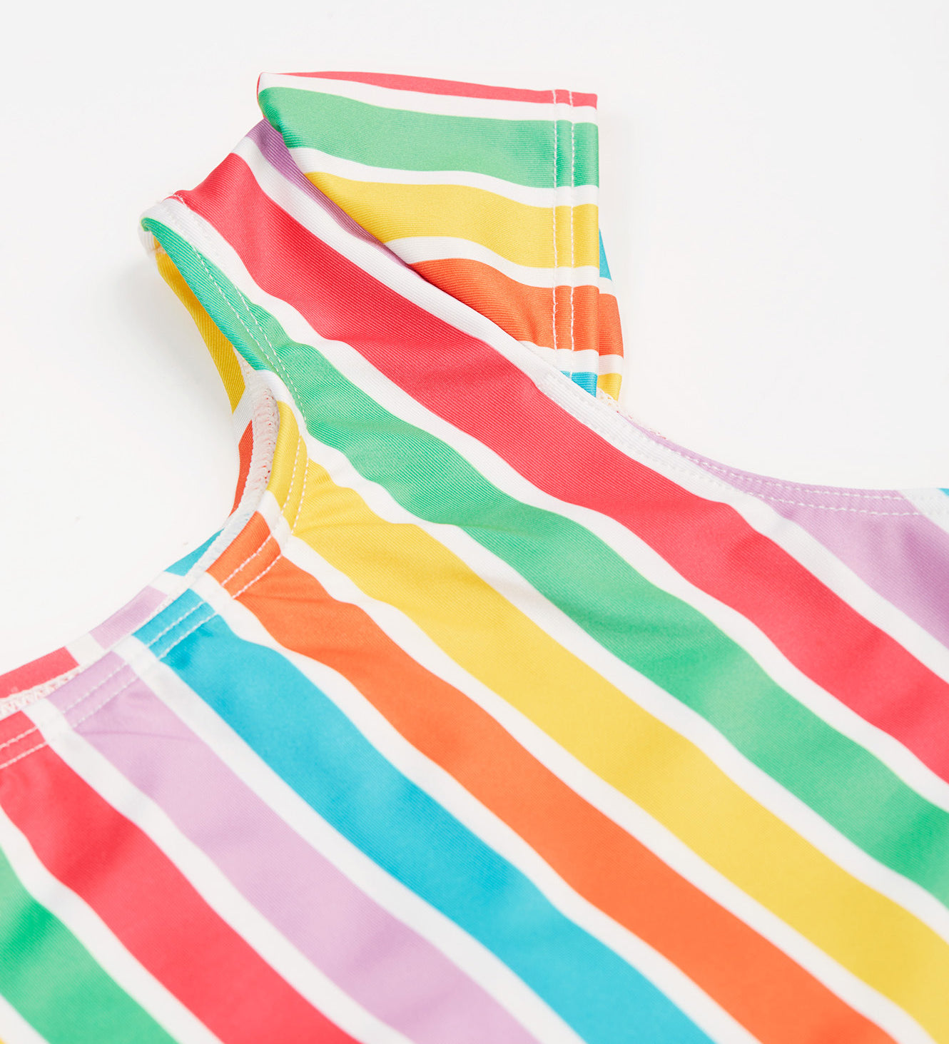 Frugi swim suit in a light multicoloured striped design sleeve detail