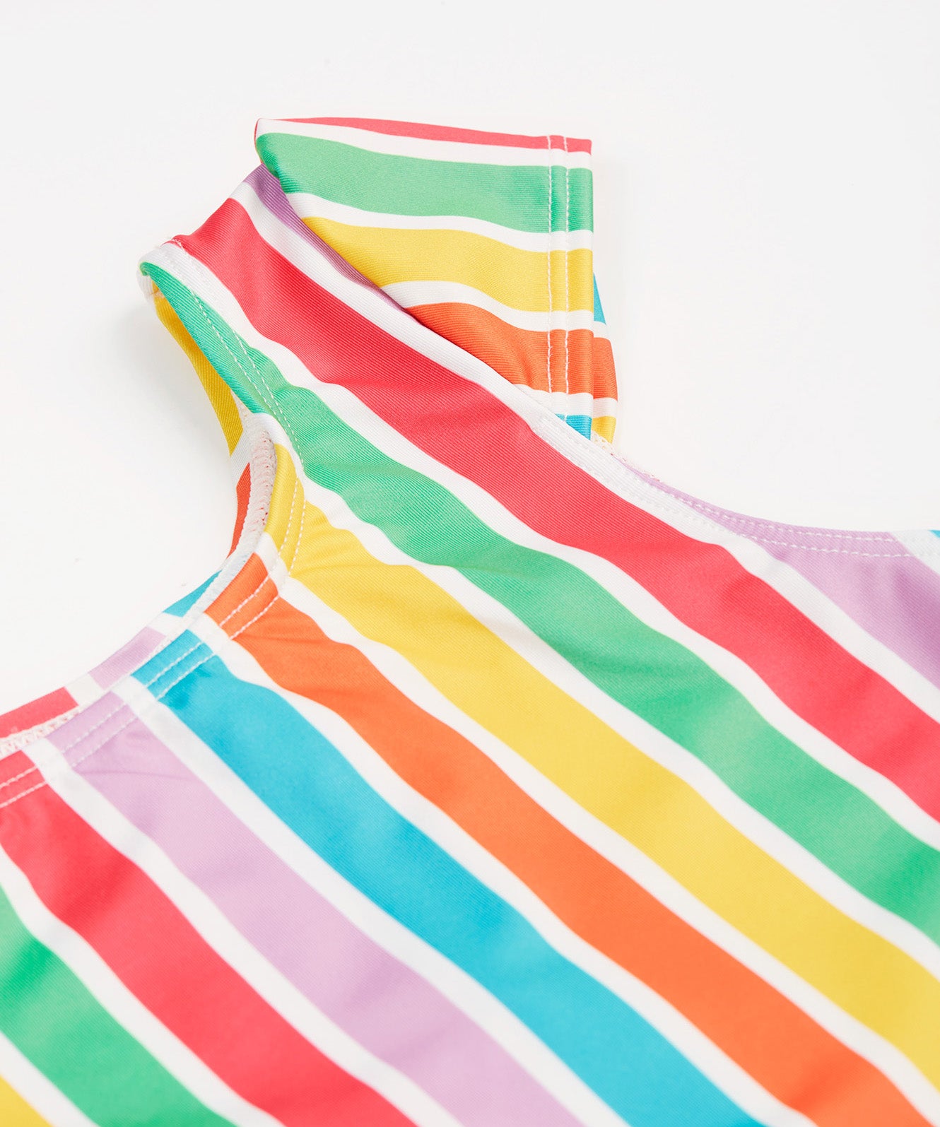 Frugi swim suit in a light multicoloured striped design sleeve detail