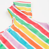 Frugi swim suit in a light multicoloured striped design sleeve detail