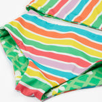 Frugi reversible tankini in a green daisy and summer stripe design front detail