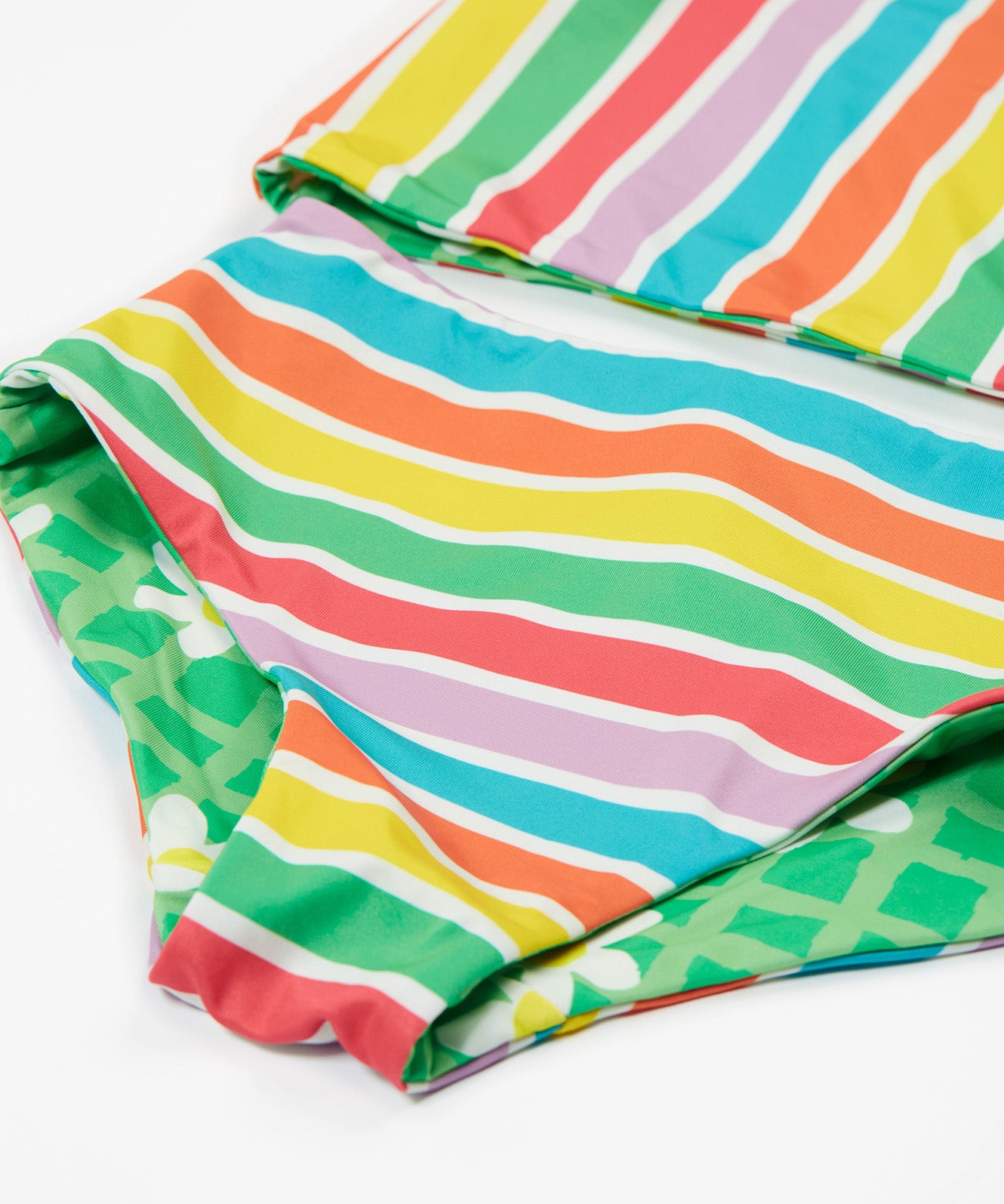 Frugi reversible tankini in a green daisy and summer stripe design front detail