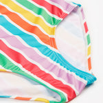 Frugi swim suit in a light multicoloured striped design front detail