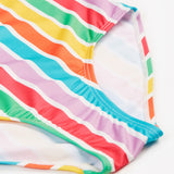 Frugi swim suit in a light multicoloured striped design front detail