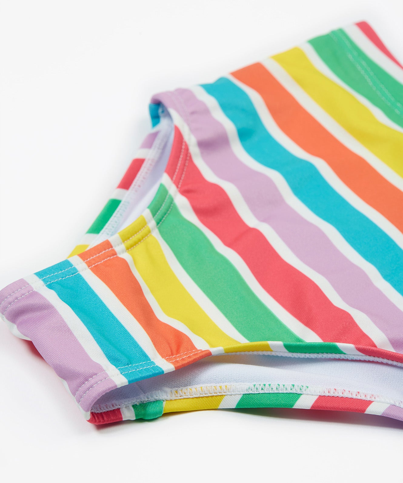 Frugi swim set in a pastel multicoloured stripe design trunk detail