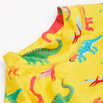 Frugi yellow, blue stripe sun safe dino roar neck detail