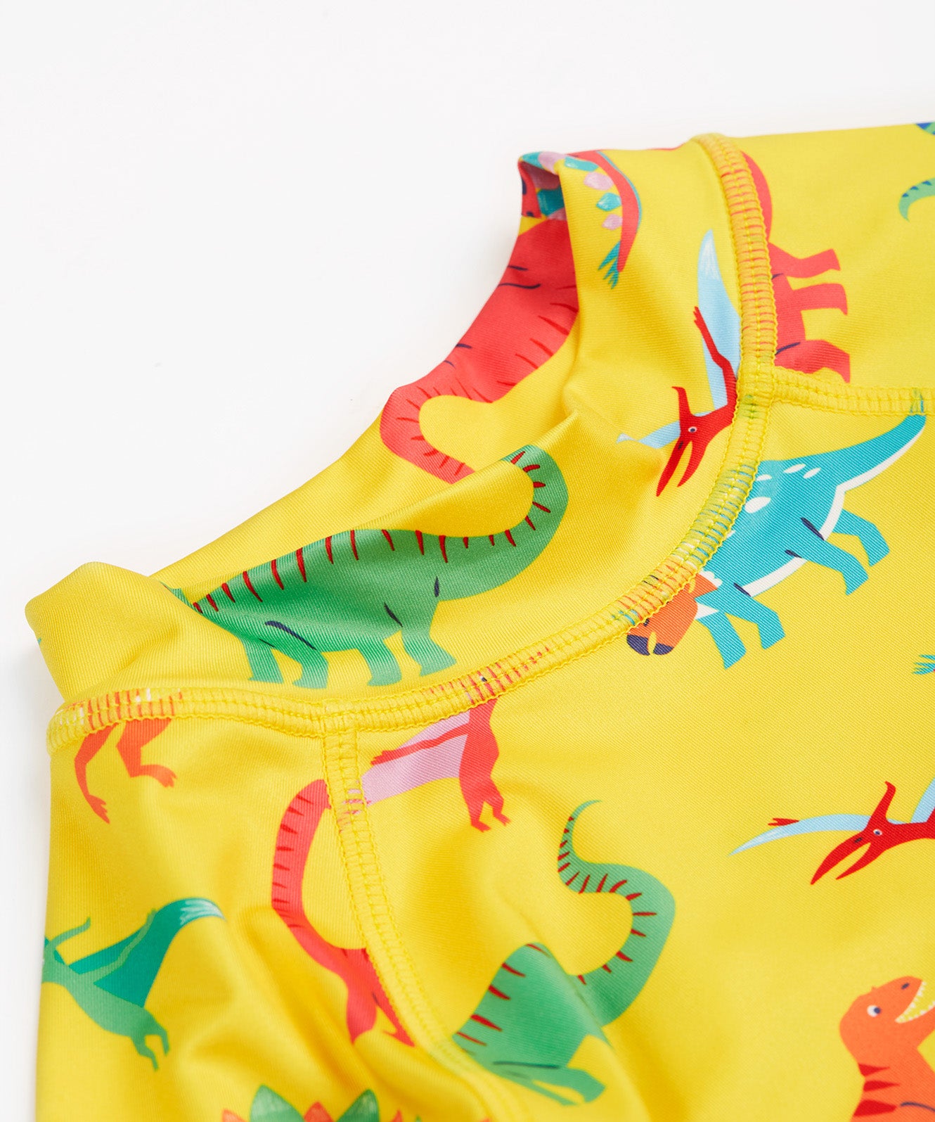 Frugi yellow, blue stripe sun safe dino roar neck detail