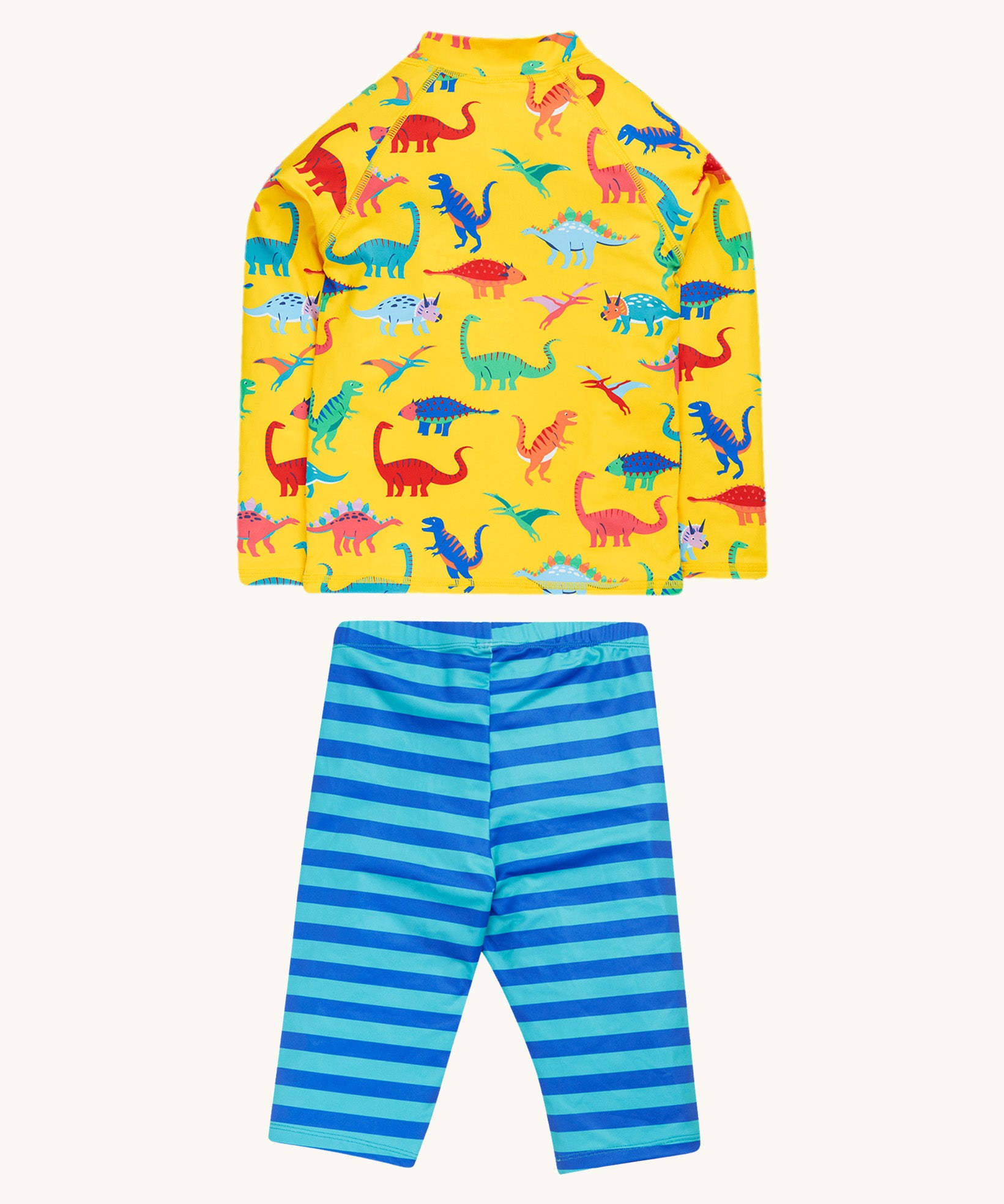 Frugi yellow, blue stripe sun safe dino roar back detail