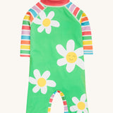 Frugi green and stripe sun safe suit daisy design on a cream background.