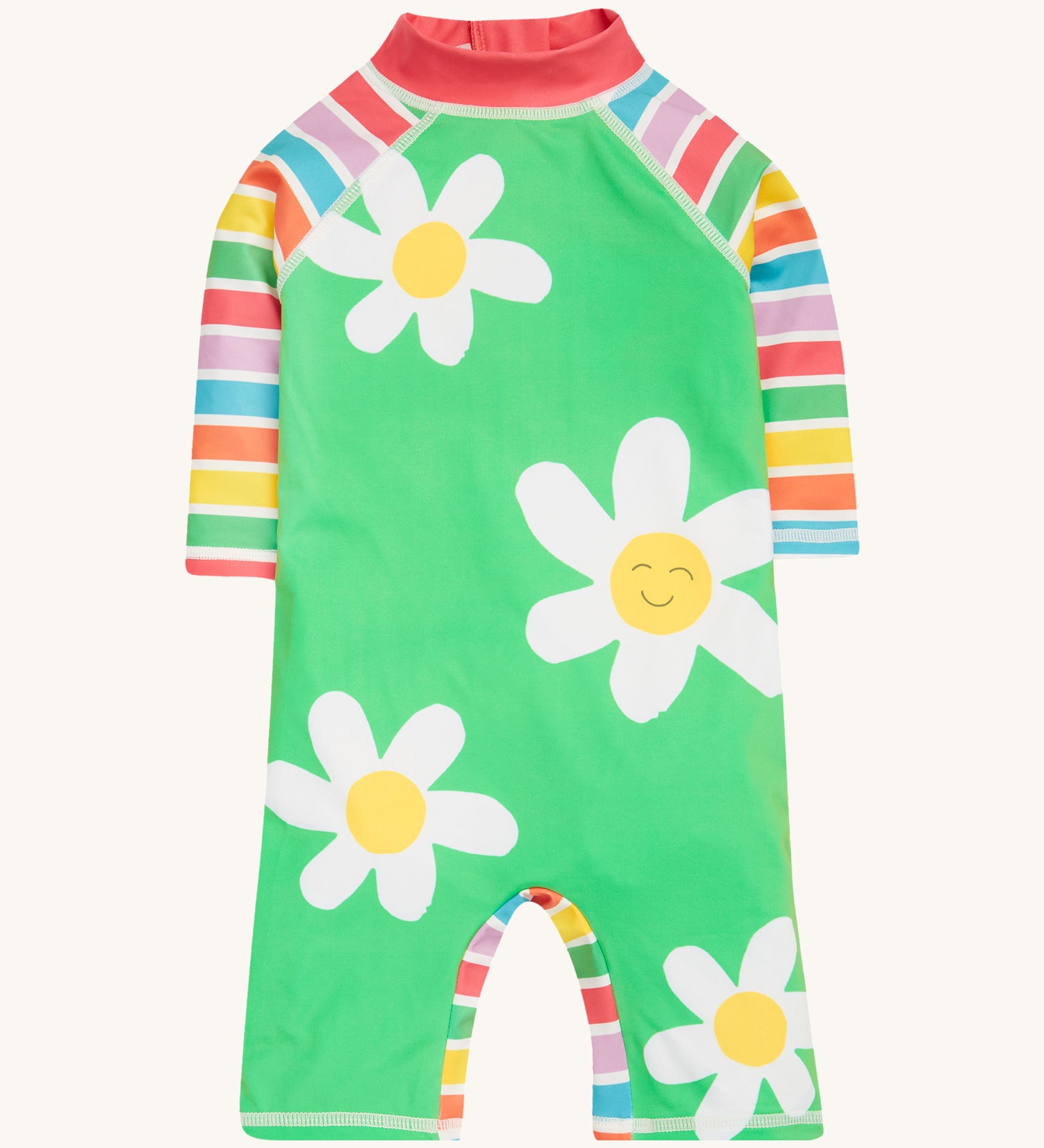 Frugi green and stripe sun safe suit daisy design on a cream background.